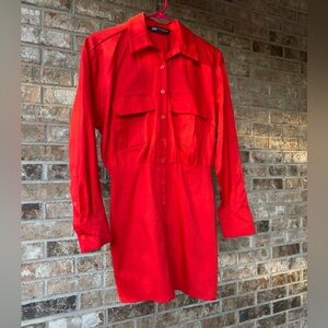 Zara NWOT Red-Orange Button-Up Shirt /Skirt POPLIN Dress